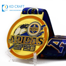 Factory supply custom metal round shaped enamel epoxy sports football medal with blue printed ribbon